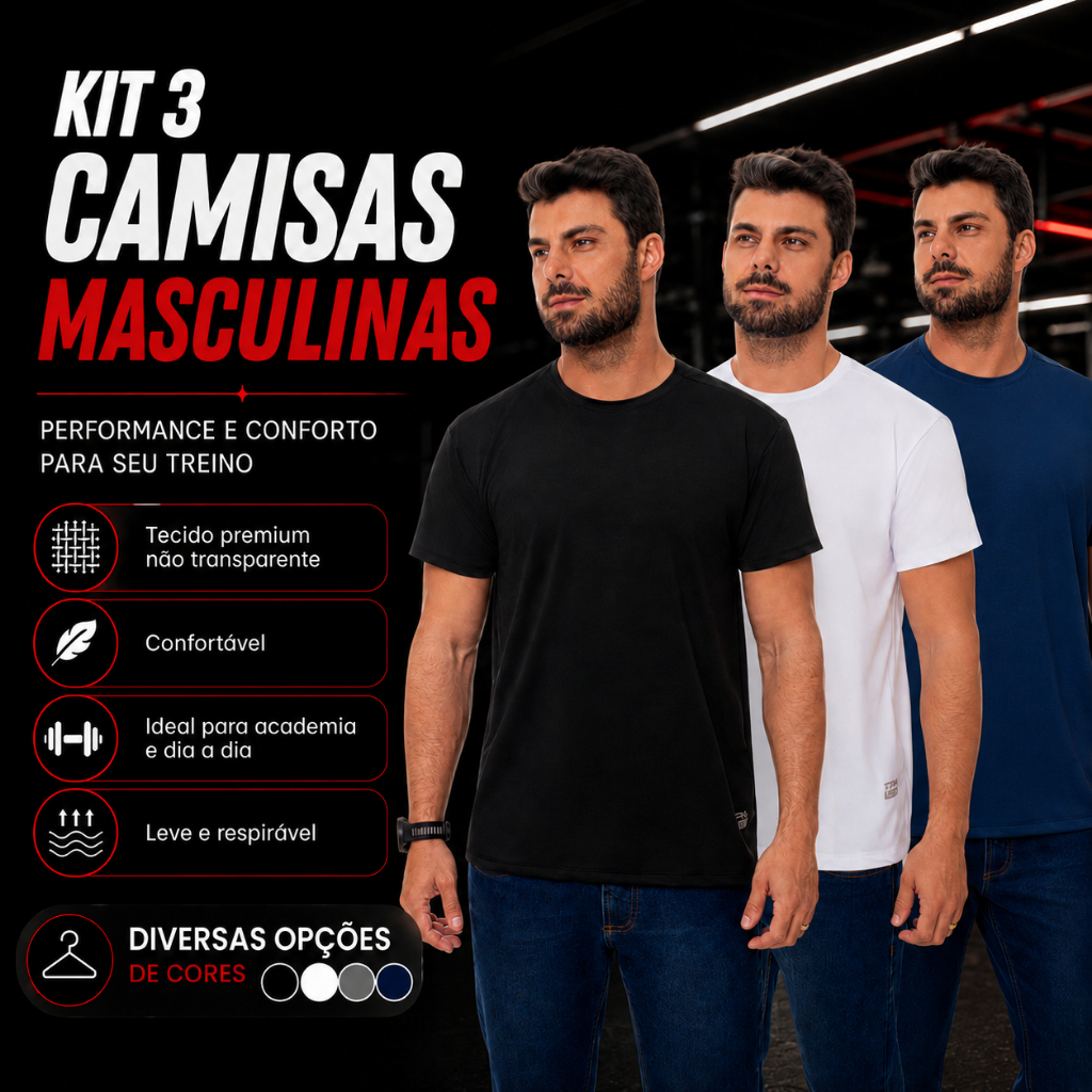 Kit 3 Camisa Camiseta Blusa Dry Fit Masculina Manga Curta Academia Treino Esportiva Corrida Proteção Uv Solar