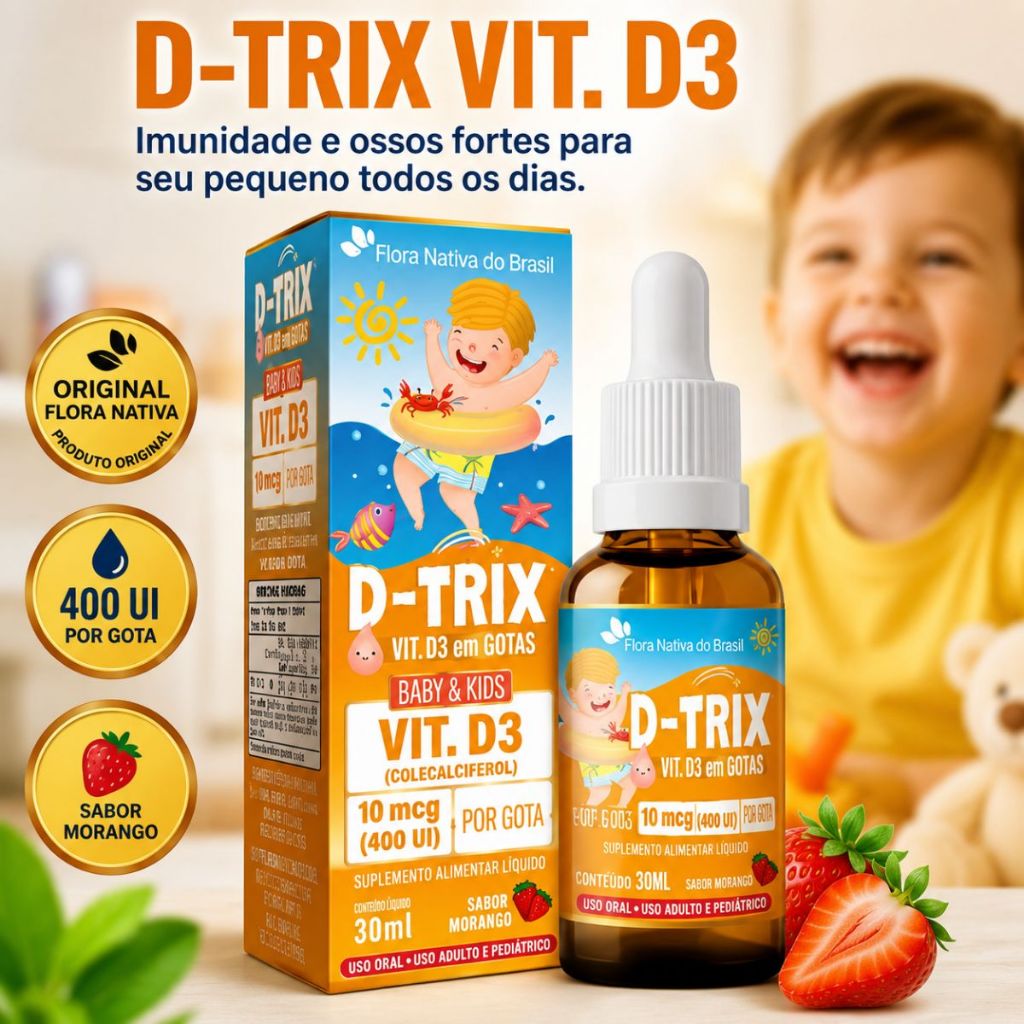 D-Trix Vitamina D3 Infantil 30ml 500UI Original Flora Nativa Gotas Imunidade Baby & Kids Morango