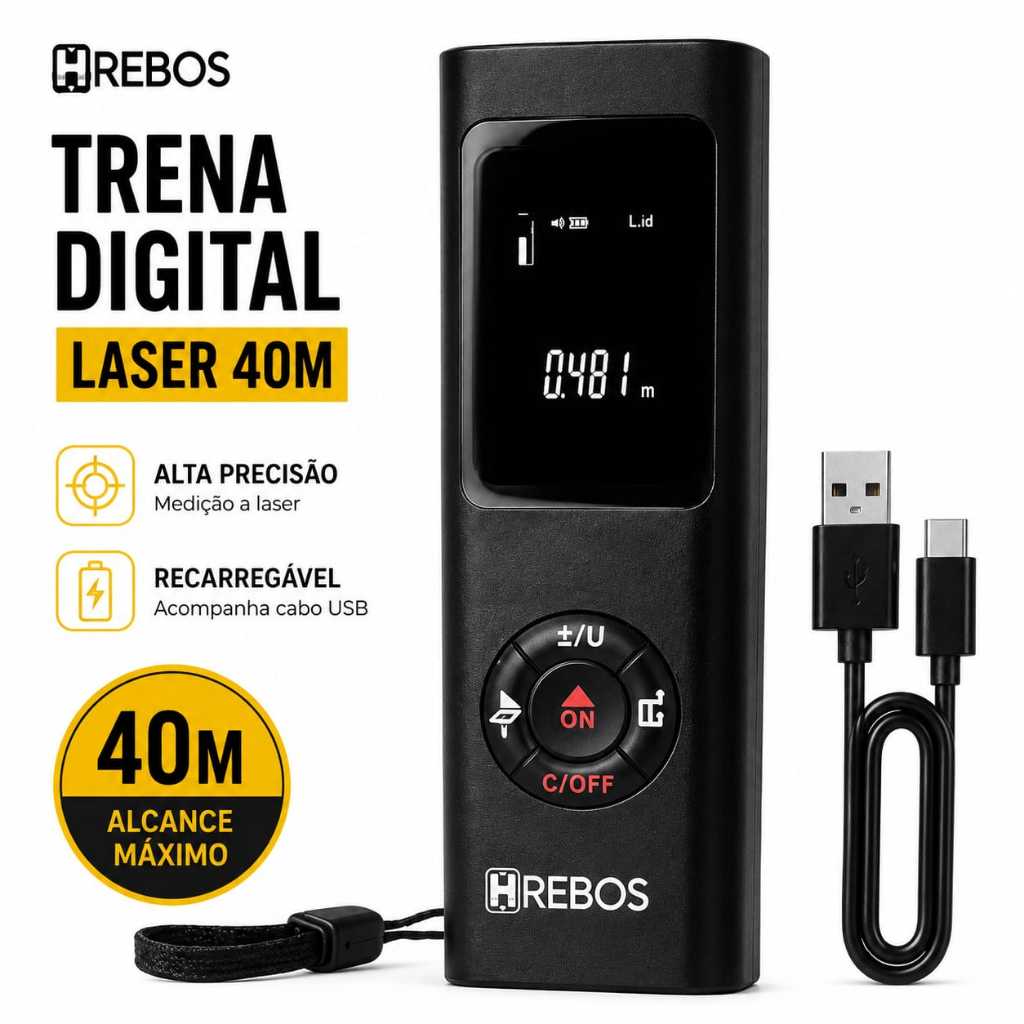 Trena Laser Digital Profissional De Alta Precisão - 40m -USB - HREBOS PREMIUM