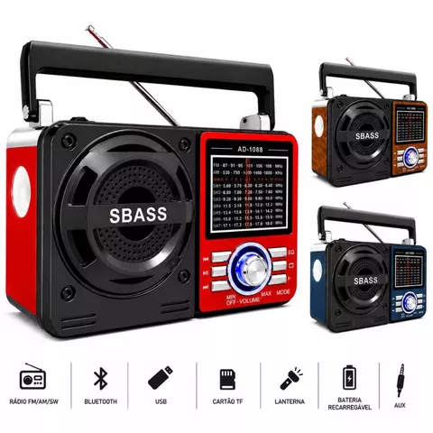 Rádio Retro Caixa de Som Bluetooth Lanterna Portátil FM AM USB SD Recarregável Pilha