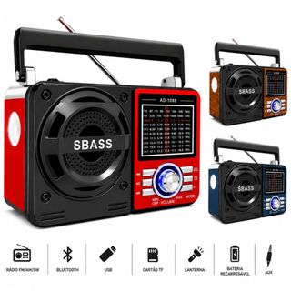 Rádio Retro Caixa de Som Bluetooth Lanterna Portátil FM AM USB SD Recarregável Pilha
