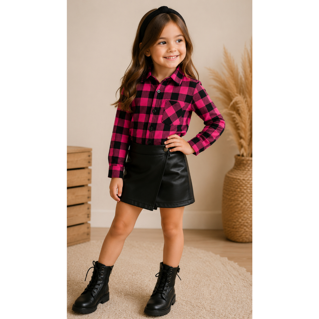 Camisa Xadrez Infantil Rosa Bebê Flanelada Manga Longa Menina Inverno Estilosa
