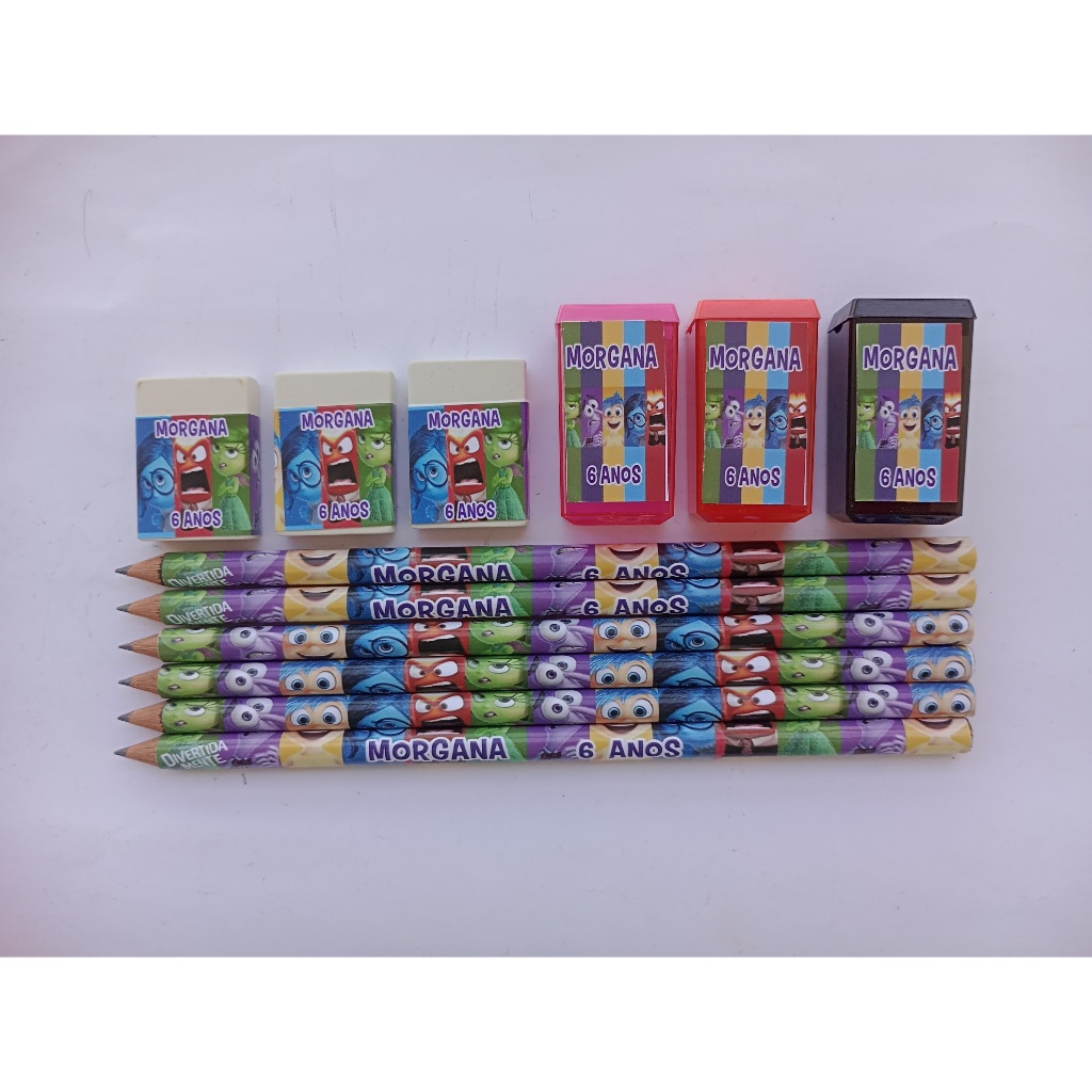 Kit Escolar Personalizado DIVERTIDAMENTE -  Lápis borracha e apontador DIVERTIDAMENTE - Lembrancinha DIVERTIDAMENTE
