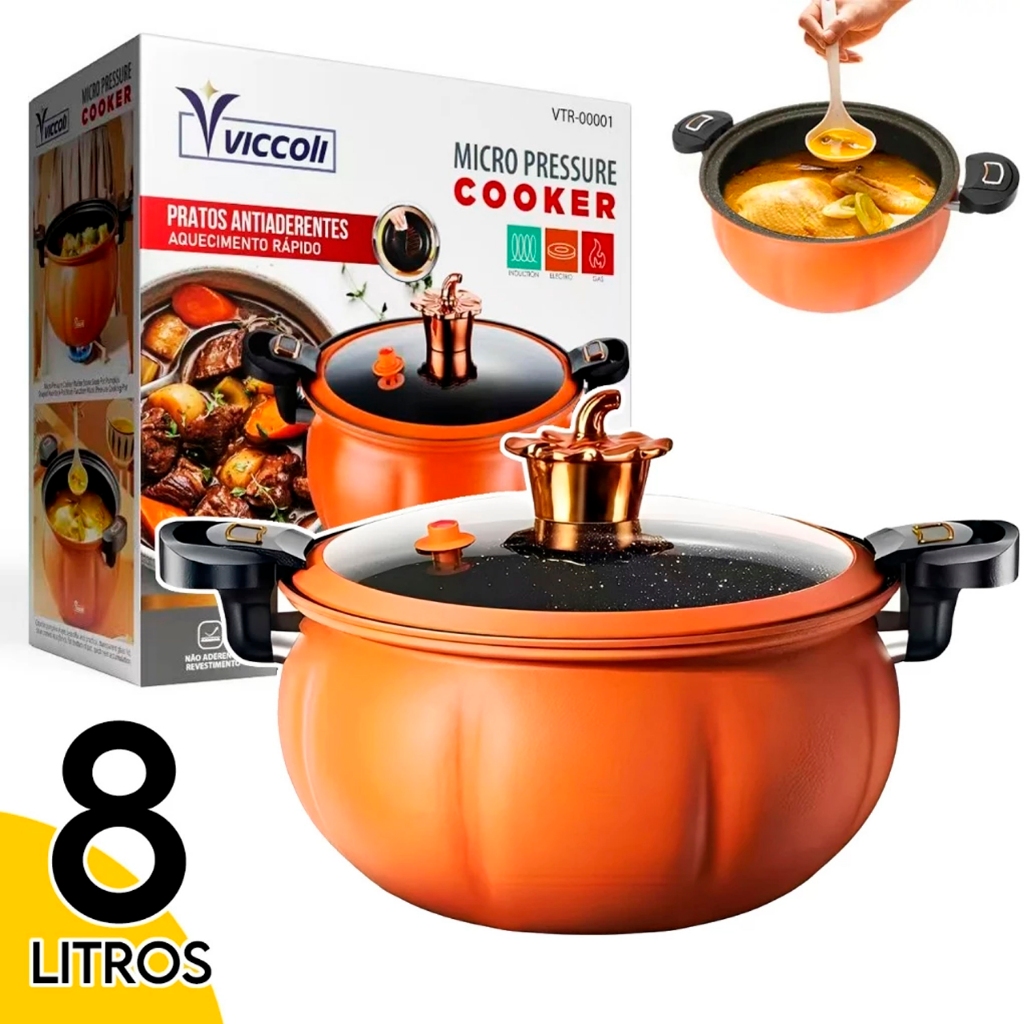 Panela de Micro Pressão Viccoli 8L Antiaderente Cozinha Indução e Gás Abóbora
