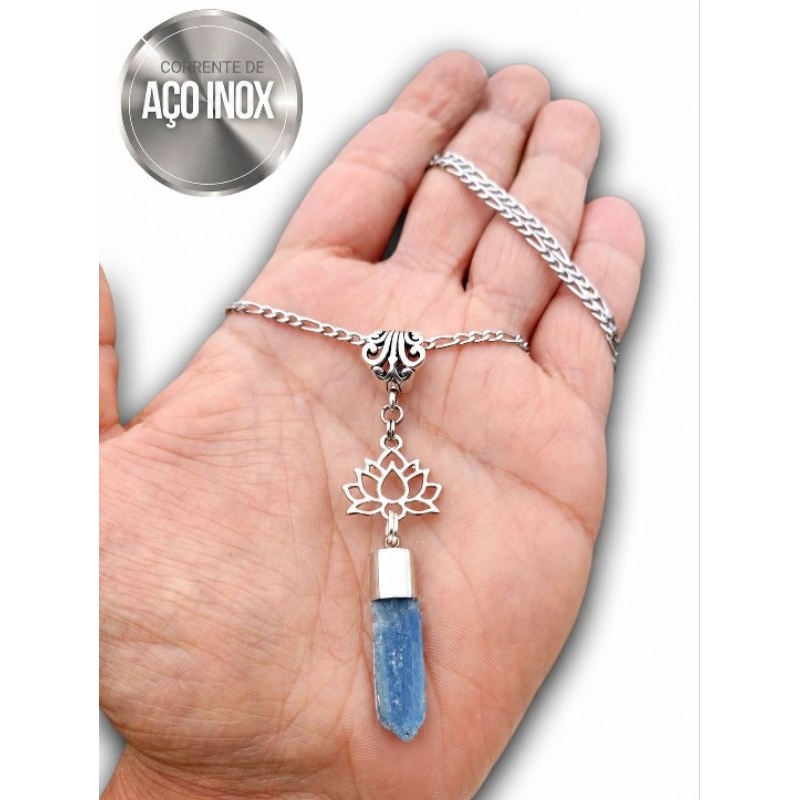 Colar Flor de Lótus Turmalina Negra Ametista Cianita Azul Cianita Negra Aço Inox