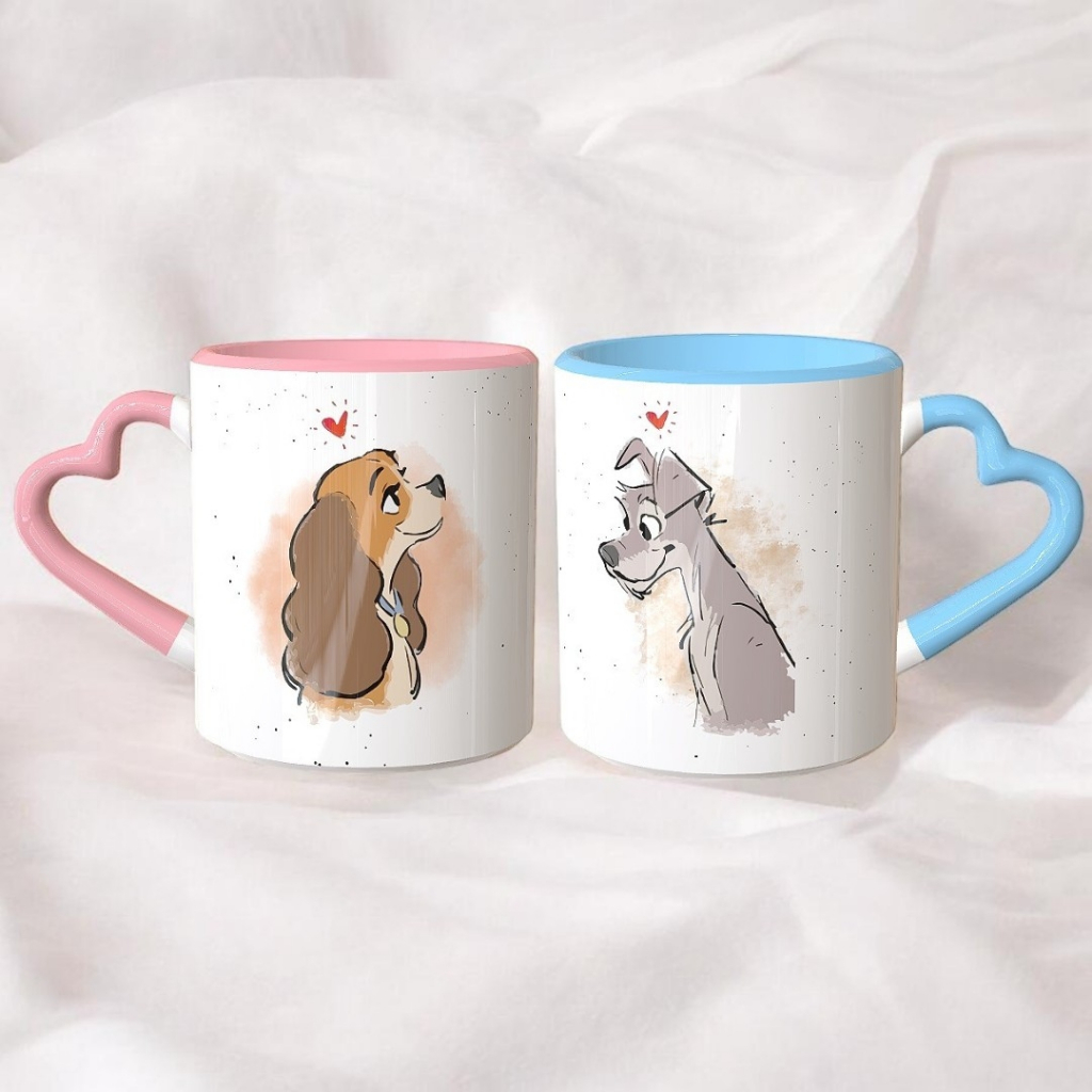 Kit 2 Canecas Personalizadas Alça Coração Namorados  A Dama e o Vagabundo