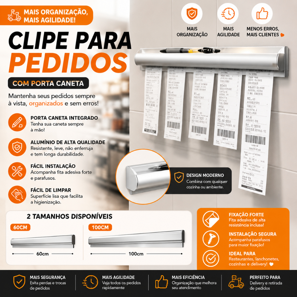 Porta Comandas 100cm com Suporte para Caneta e Fita Adesiva Nano, Ideal para Restaurantes e Cozinhas