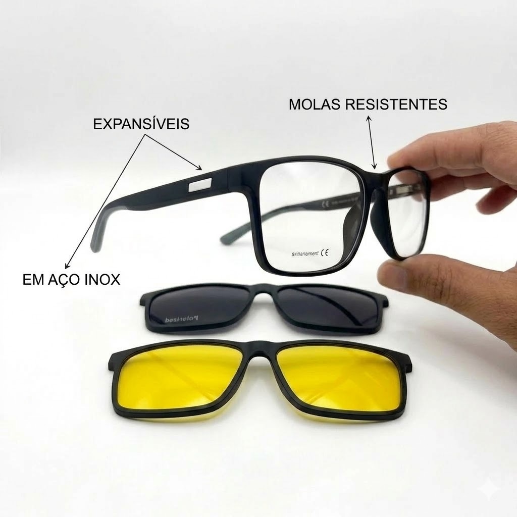 Armação De Óculos Clipon 3 em 1 Lente Polarizada Proteção UVA Masculino Magnetic Eyewear Night Drive