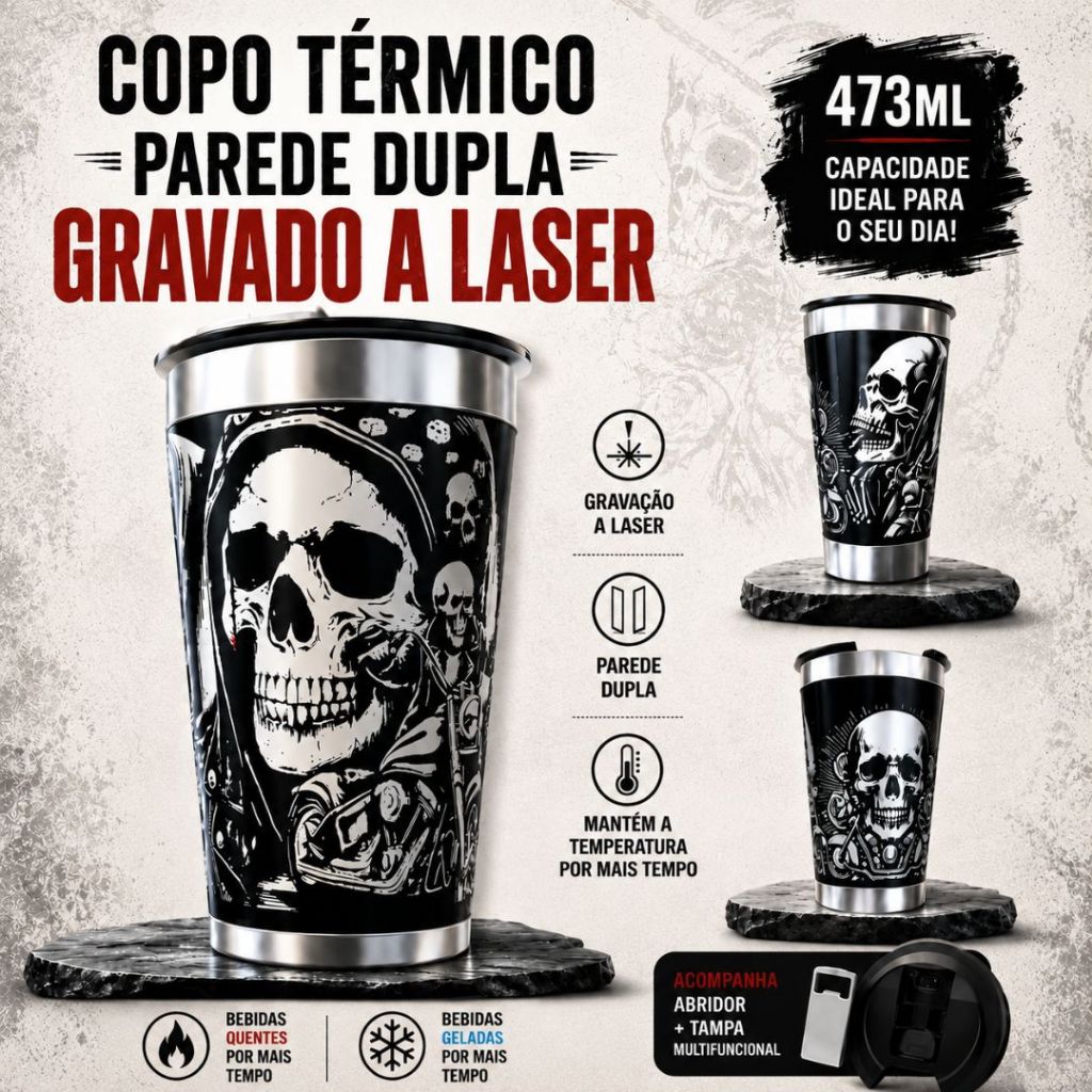 COPO TÉRMICO 473ML ARTE 360º GRAUS COPO INTEIRO TEMA: CAVEIRA NOVIDADE COM ABRIDOR PAREDE DUPLA