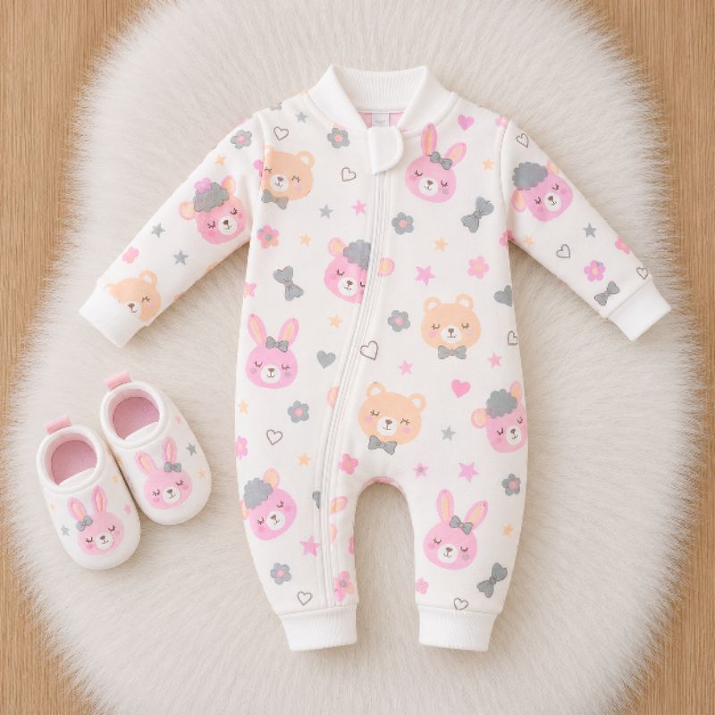 Macacão Bebê Menina Suedine 100% Algodão com Zíper – Inverno, Manga Longa, RN ao GG