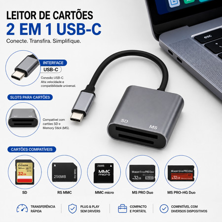 Leitor USB-C para Memory Stick Pro Duo Compatível Com iPhone 15 iPad MacBook E Android OTG