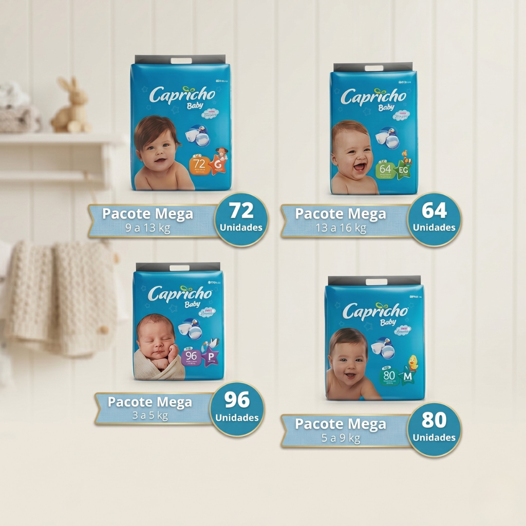 Fralda Infantil Capricho Baby Mega Descartável Bebê Conforto 1 Pacote Todos os Tamanhos