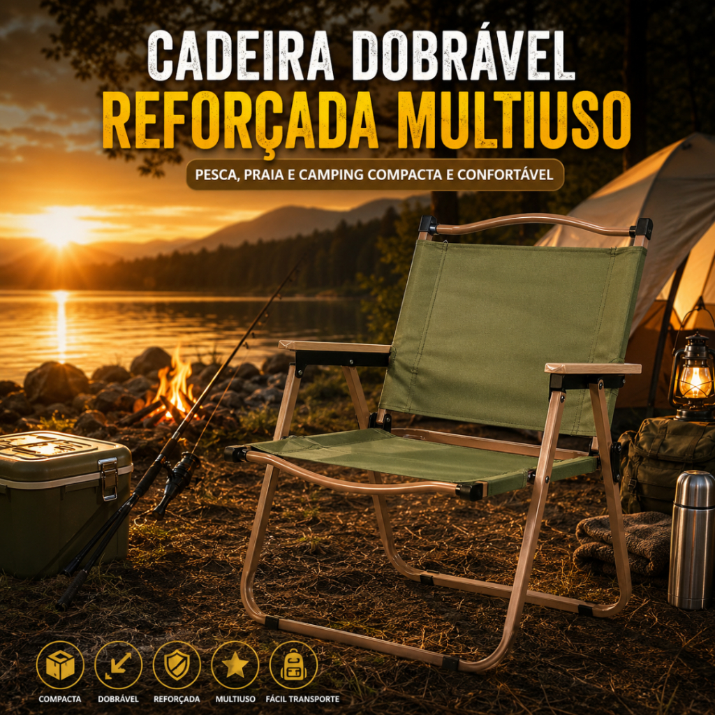 Cadeira Dobrável Reforçada Multiuso Pesca, Praia e Camping Compacta e Confortável