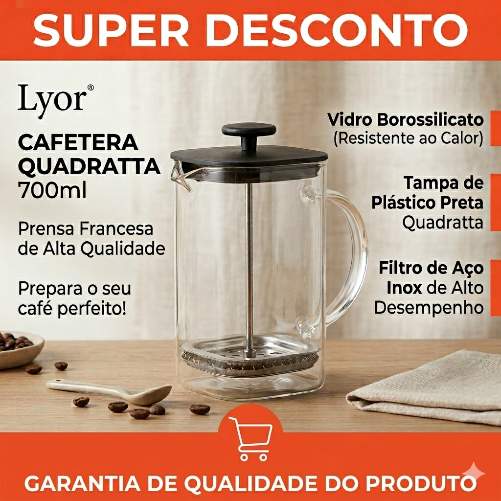 Lyor - Cafeteira Prensa Francesa de Vidro Borossilicato e Tampa de Plastico Preta Quadratta 700ml