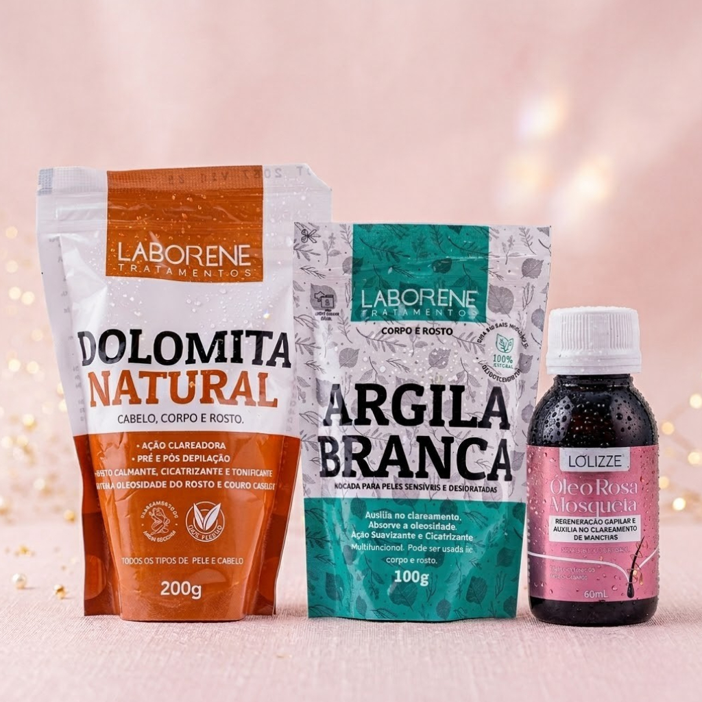 Kit Clareador Dolomita 200g, Argila Branca 100g + Óleo Rosa Mosqueta 60ml/Clareador Corpo e Rosto -  Laborene