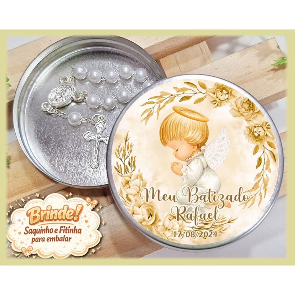 12- Mini Terço na Latinha Personalizada Lembrancinha de Batizado Primeira Comunhão Eucaristia