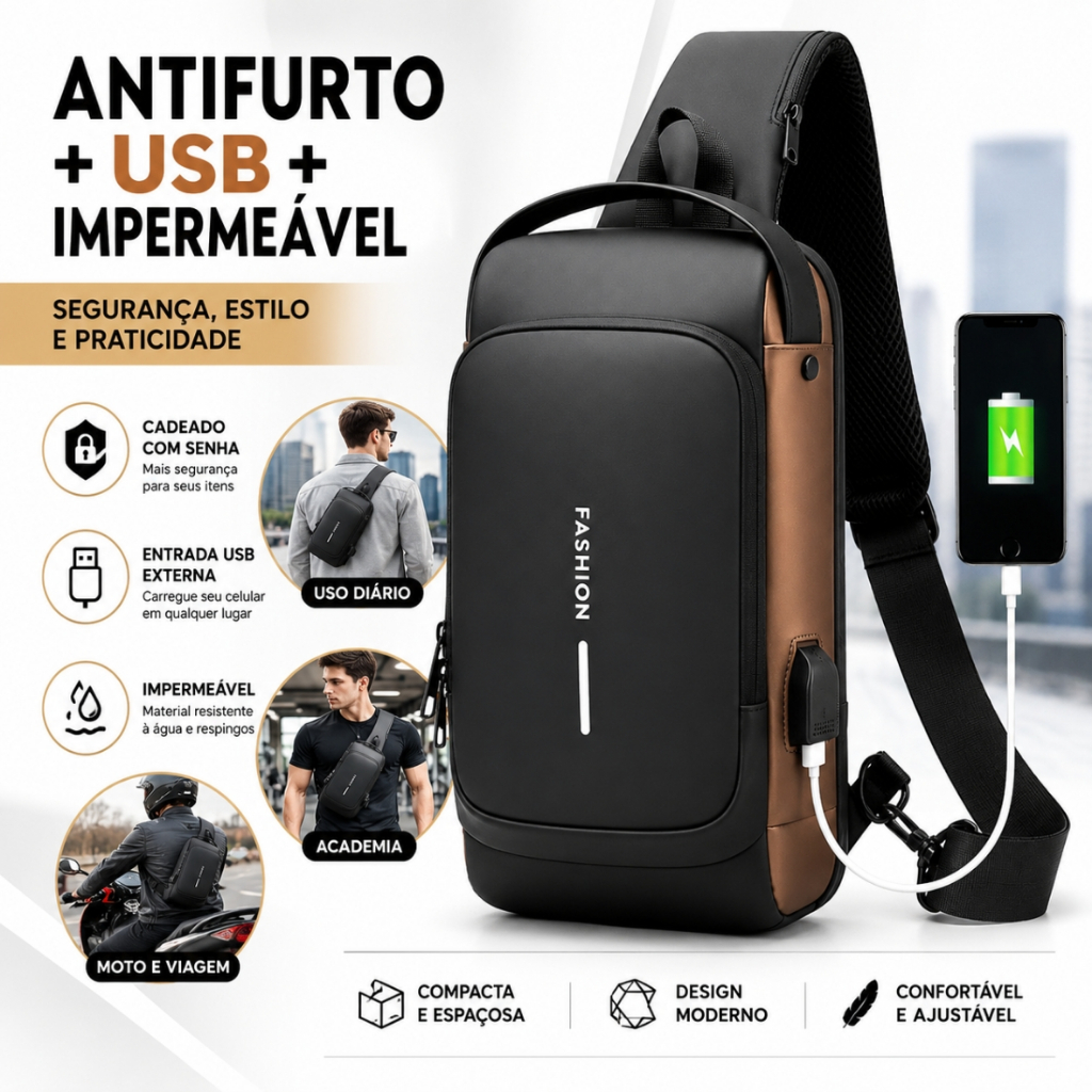 Bolsa Masculina Pochete Transversal Ombro Mochila Impermeável Com Cadeado Antifurto Bolsa de Peito