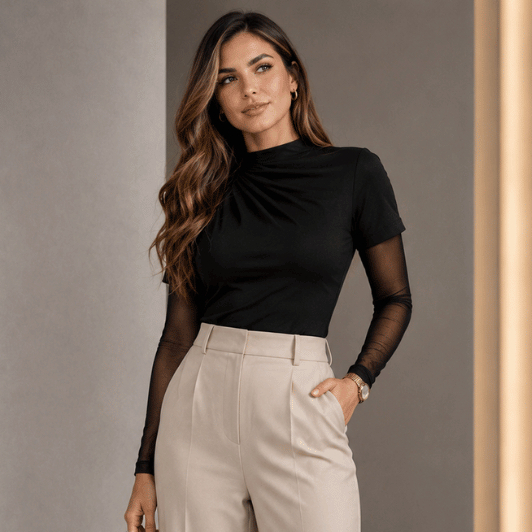 Kit Inverno Body Feminino Tule + Blusa Feminina Gola Alta Manga Curta Soft Suede Bory Segunda Pele