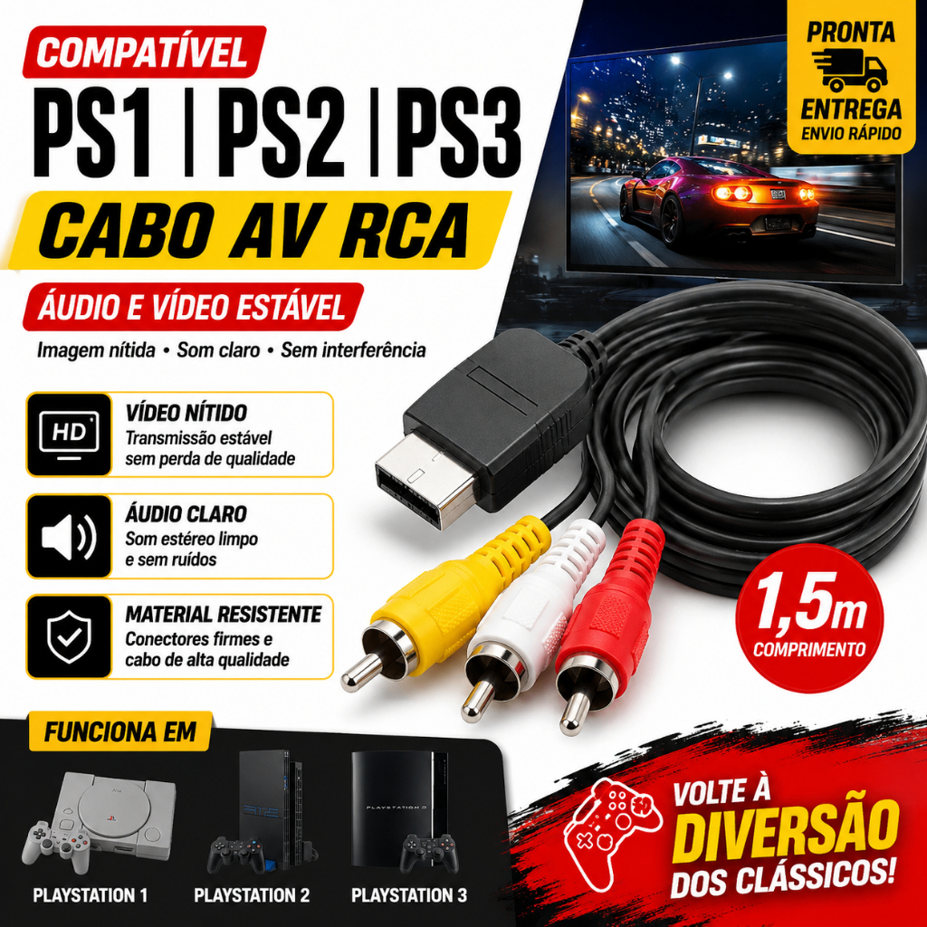 Cabo Av Audio E Video Rca Para Playstation 1, Ps2 E Ps3 1.50m