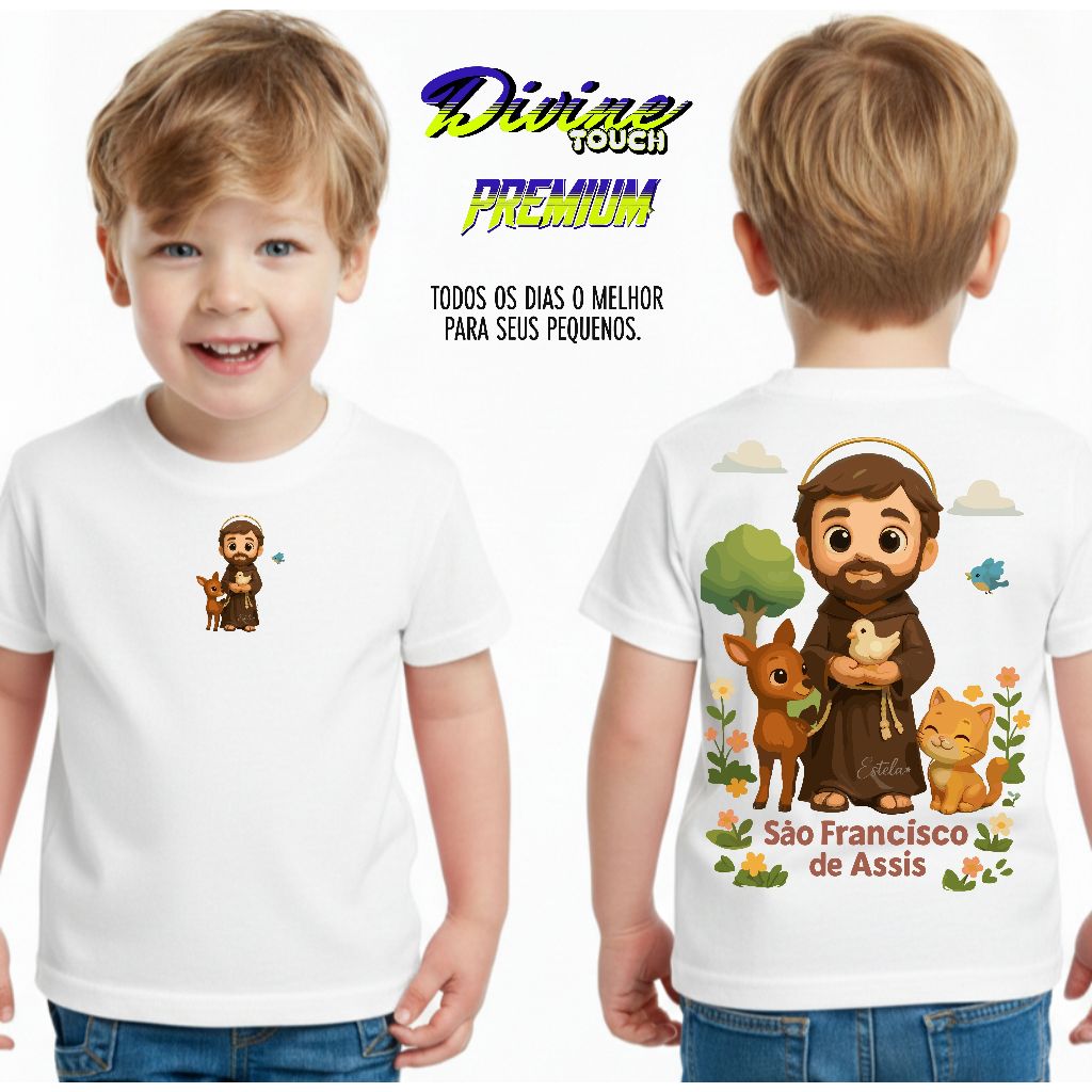 Camiseta Infantil Malha 30.1 100% Algodão Estilosa Colorido Jesus Cristo São Francisco De Assis