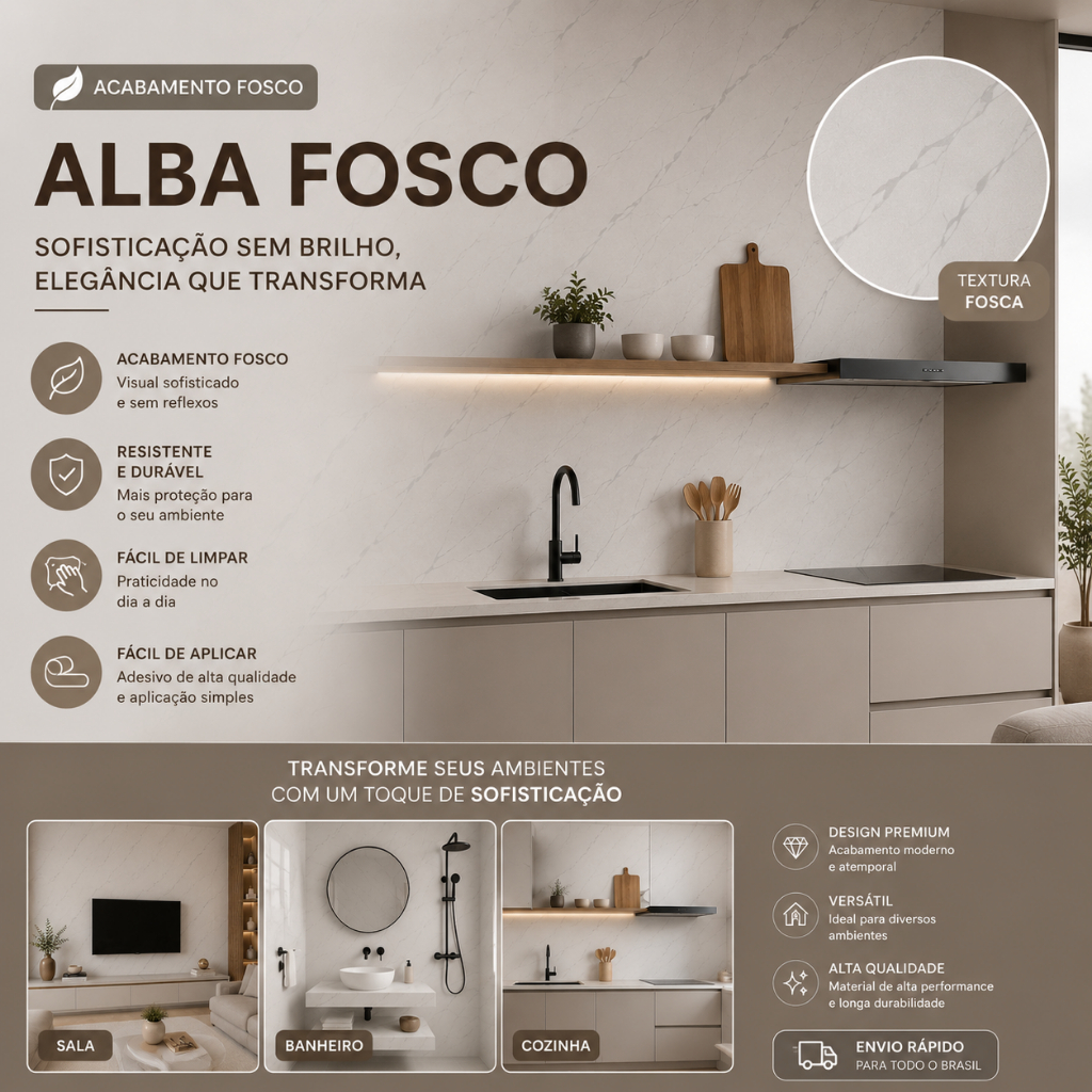 Adesivo Decorativo Lavável - Mármore Alba/ Fosco - Varias medidas - 1,22 de largura.
