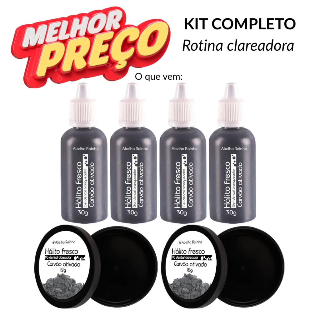 Kit Pó + Gel Dental Clareador Carvão Ativado Hálito Fresco Branqueador Rotina Completa Anti Placa Clareador Dental