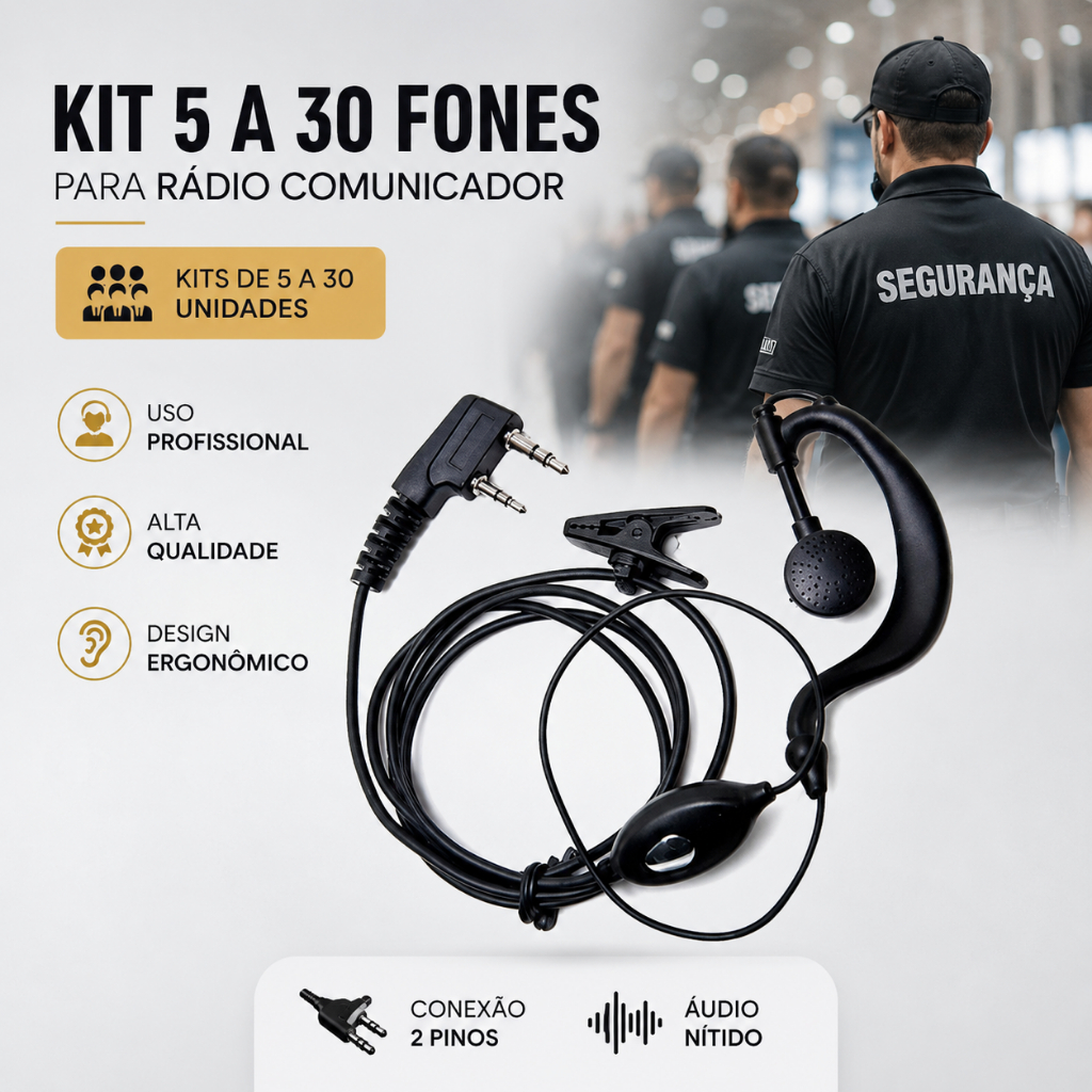 Kit Fone Para Rádio Comunicador 5 A 30 Unidades Baofeng 777s Kenwood Uv5r PTT Segurança Eventos Qualidade Profissional