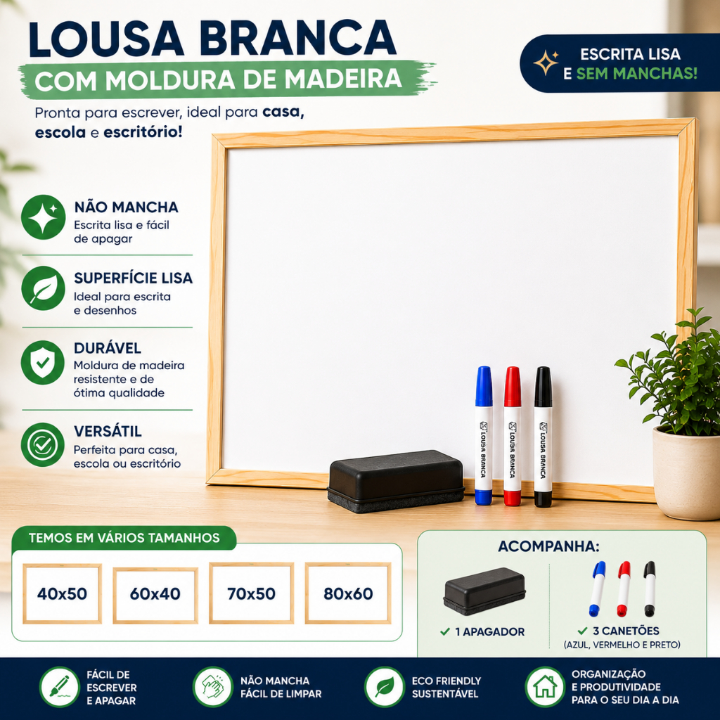 Lousa Branca de Madeira Não Mancha + Kit Completo | Vários Tamanhos quadro branco Souza