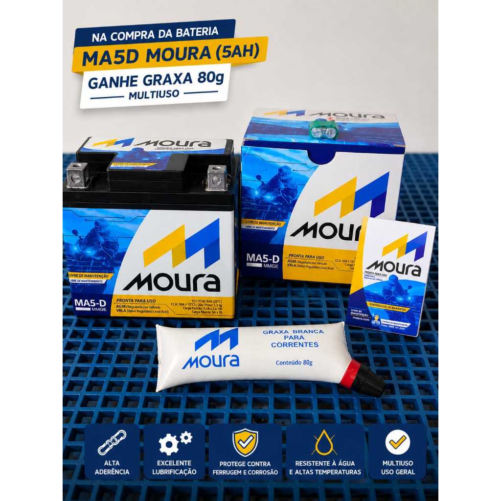 Bateria Moura MA5D Original + GRÁTIS Graxa Multiuso 80g Moto Honda
