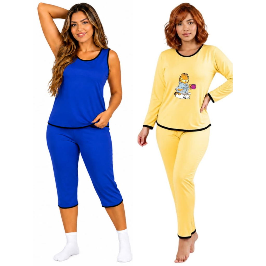 Kit 2 Unidades composto de1 Pijama Pescador Regata Verão e 1 Pijama longo  Inverno Adulto Feminino