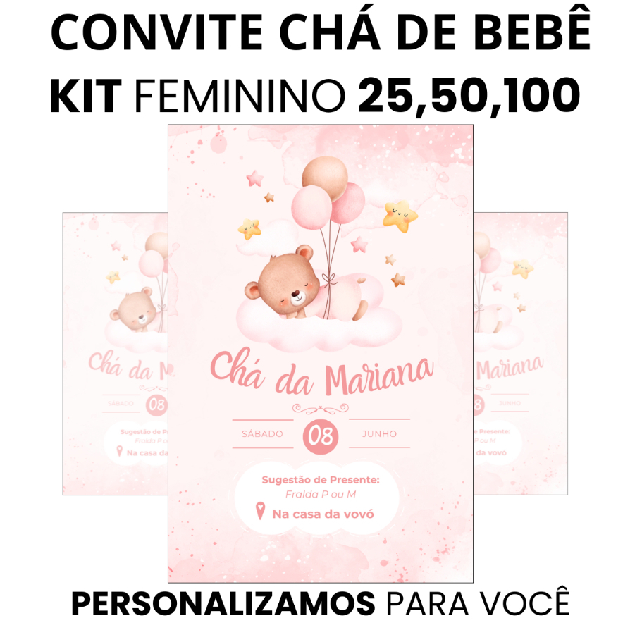Convite personalizado chá de bebê menina tema rosa fofo, impressão colorida em papel glossy fotográfico
