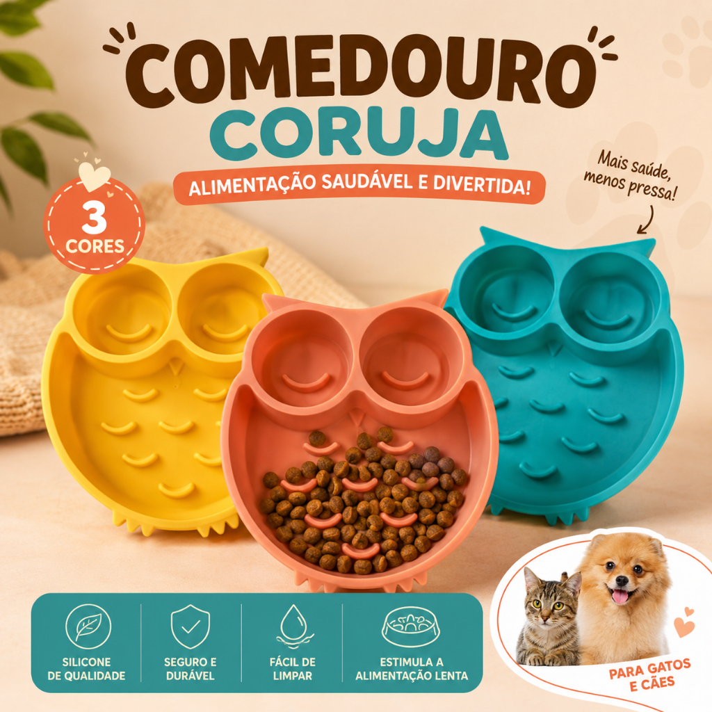 Comedouro Lento Corujinha Enriquecimento Ambiental Educativo Interativo Para Cães e Gatos Funcional