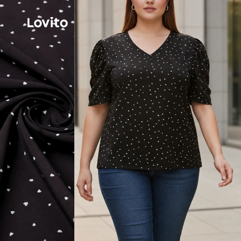 Lovito Plus Size Blusa Decote V Estampa Bolinhas BLB35BRL064