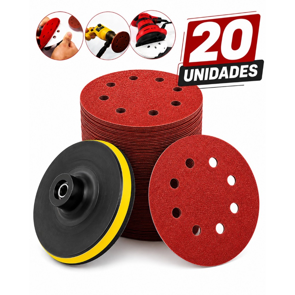 Kit 20 Disco Lixa 8 Furos 125mm 5 Pol Lixadeira Roto Orbital