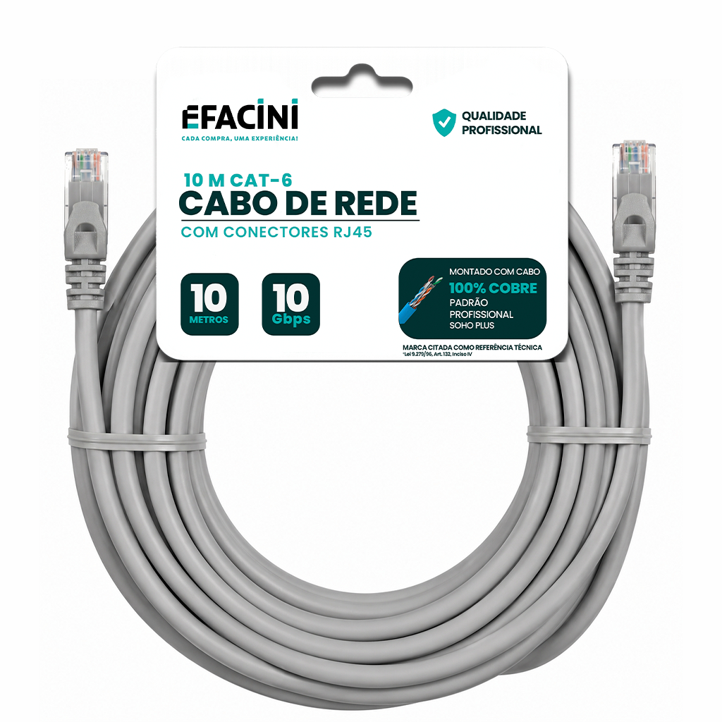 Cabo de Rede eFacini CAT6 Furukawa 100% Cobre, Anatel 10 Metros