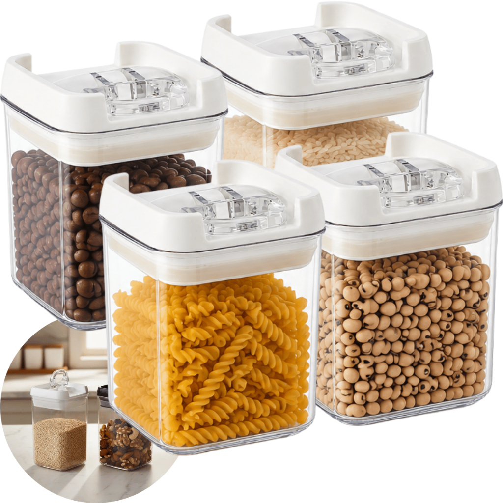 4 Pote Hermético 300ml Transparente com Trava para Grãos Cereais Temperos Armazenar Alimento Cozinha