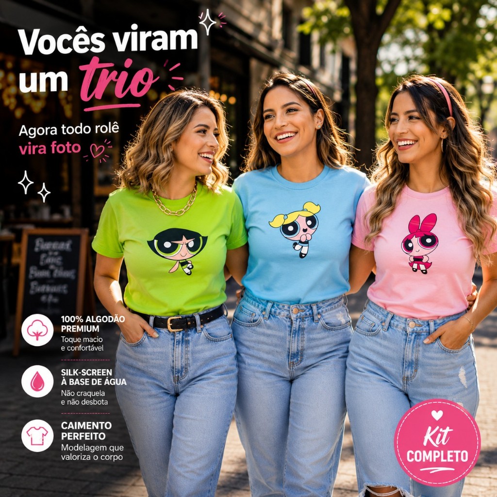 KIT 3 T-shirts 100% Algodão Premium Camiseta Menina Super poderosa Docinho Lindinha Florzinha festa