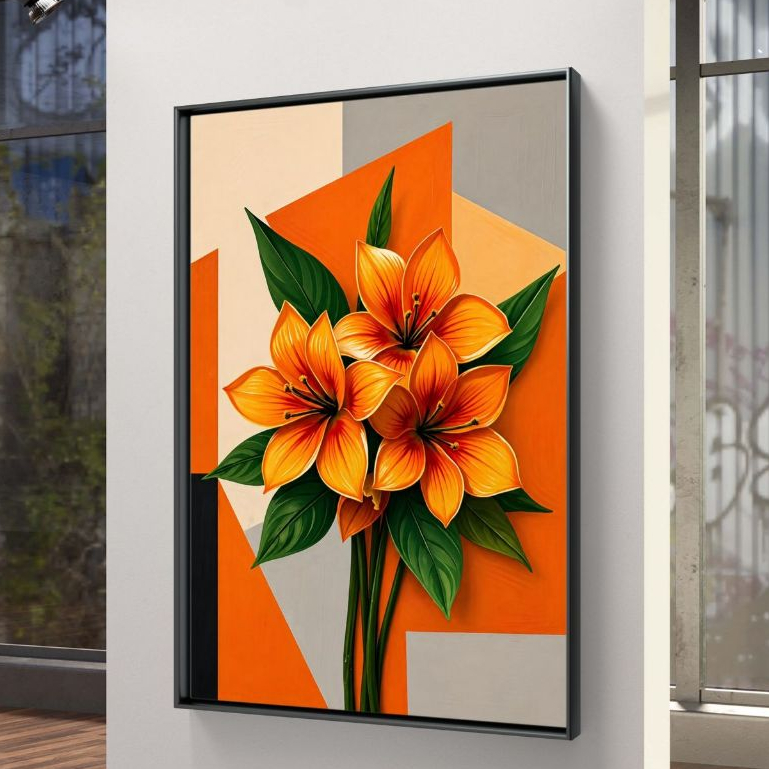 Quadro Decorativo Flores Laranja Geométrico MDF 110x70 Vinil Premium Moderno Floral Luxo Sala Quarto