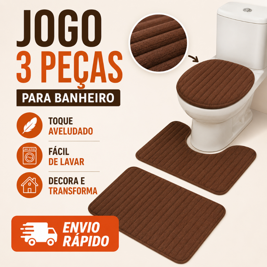 Kit 3 Peças Tapete Banheiro Aveludado Canelado Antiderrapante Premium Luxo
