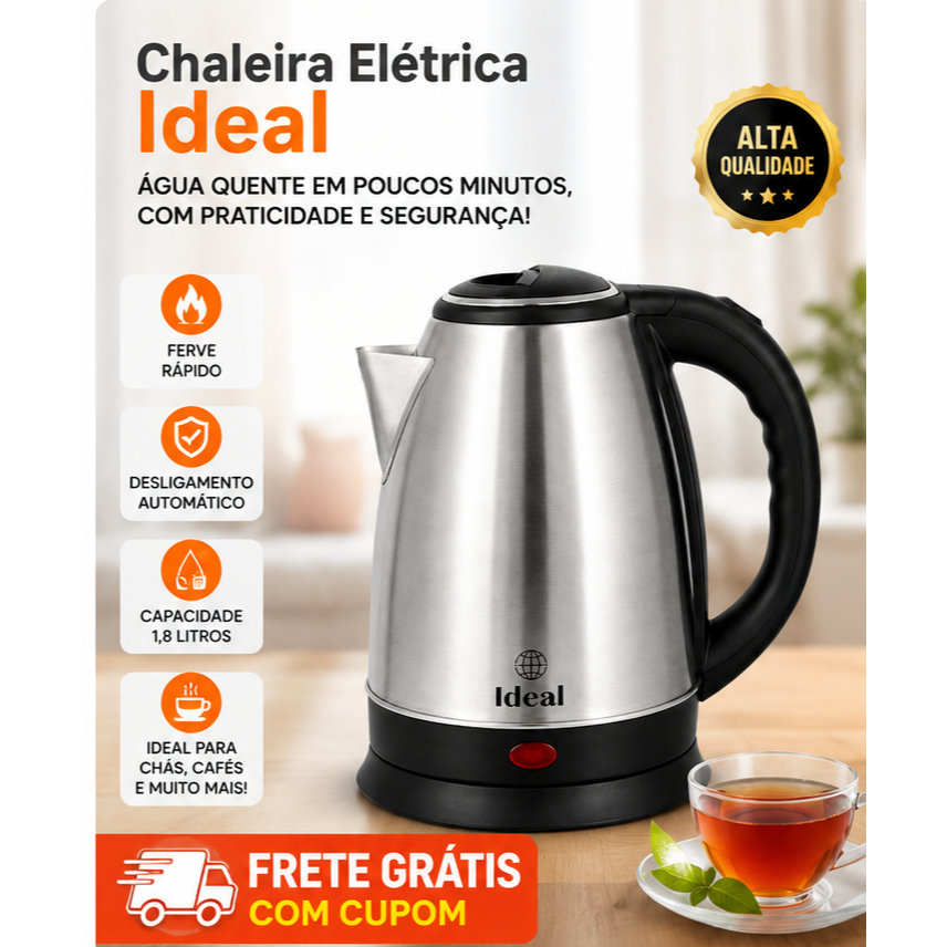 🟢🟢Chaleira Eletrica Aco Inox Ideal 1,8 Litro 1500 Watts Rapida Segura Economica 127 ou 220 Volts ferve rapido