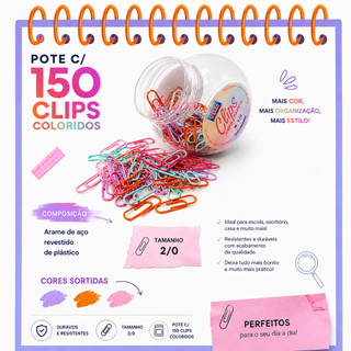 150 Clips Colorido para Papel nº2/0 pote tons pasteis