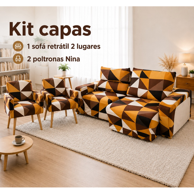 Kit Capa De Sofá Retrátil E Reclinável + 2 Capas De Poltrona NINA Malha Gel Com Elastano Premium Combo Sala Proteção