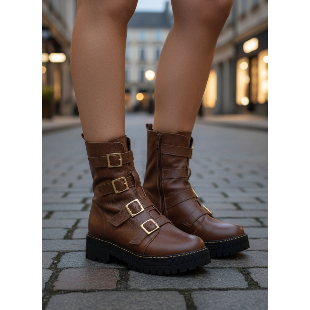 Coturno Feminino Tratorado Couro Legítimo Marrom Fivela Bota Sola Tratorada Plataforma Luxo
