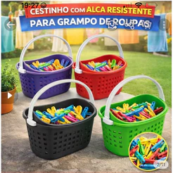 cesto c/ Alça Plástico Resistente Multiuso Pregador de Roupa Copa Casa Banheiro Lavanderia