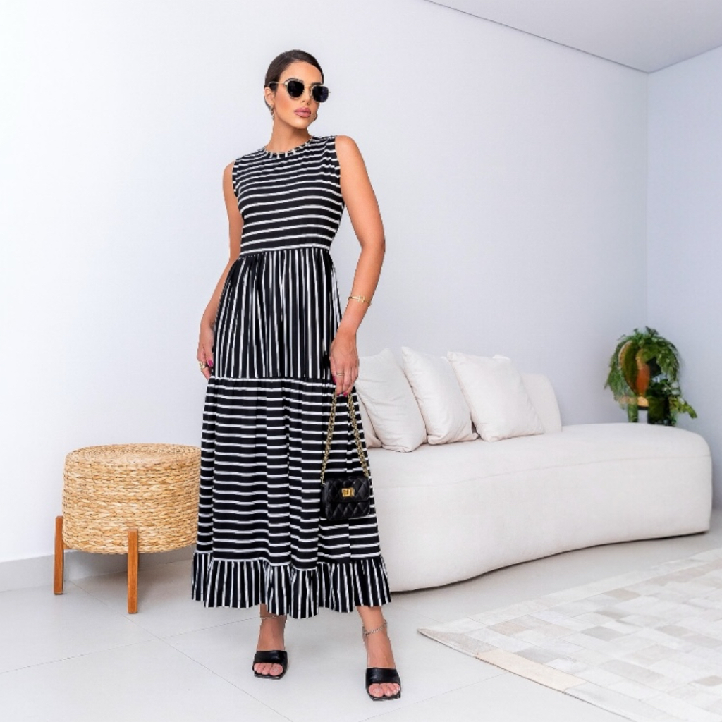 Vestido Longo Feminino Listrado Com Elastano Regata Solto Elegante Confortável Moda Evangélica Verão