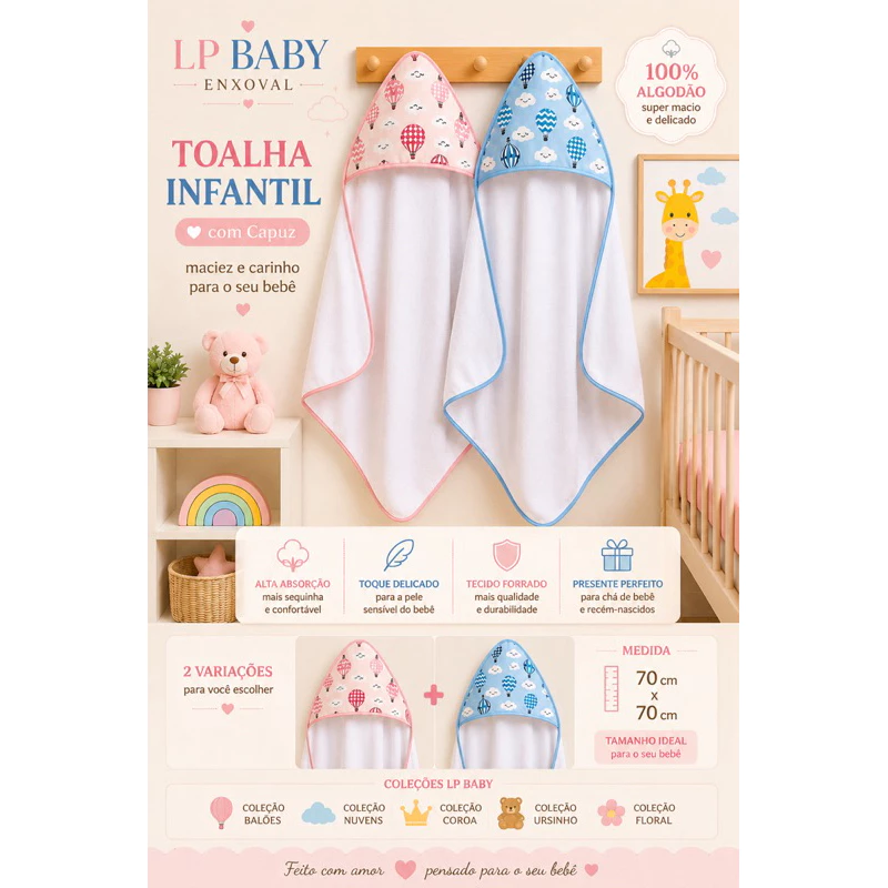 Toalha de Banho para bebê com capuz várias estampas Tecido Felpudo Algodão