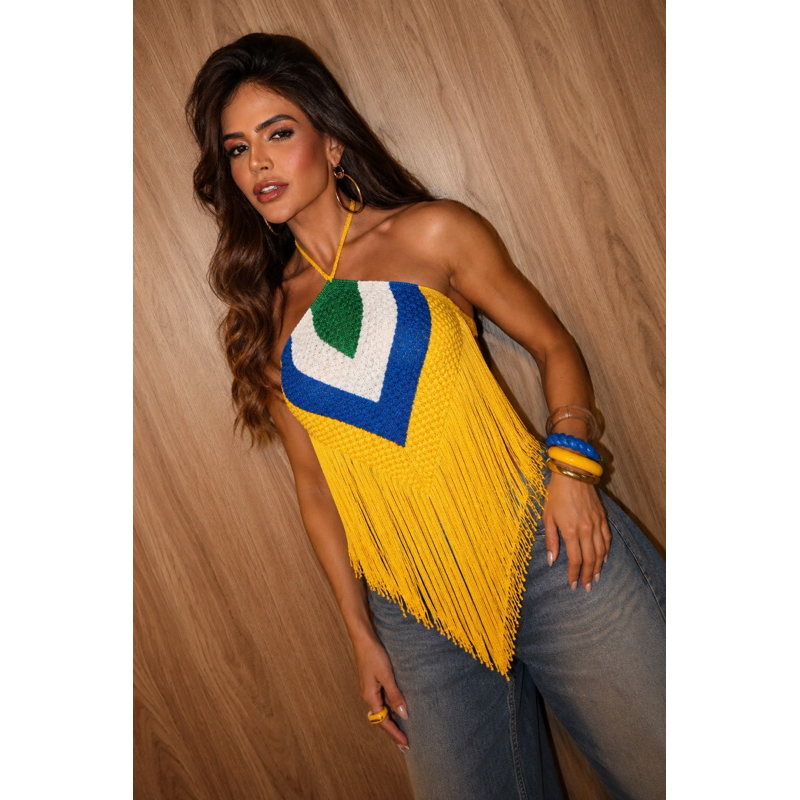 Top Crochê Brasil com Franjas | Blusa Feminina Tricô Rayon Moda Verão