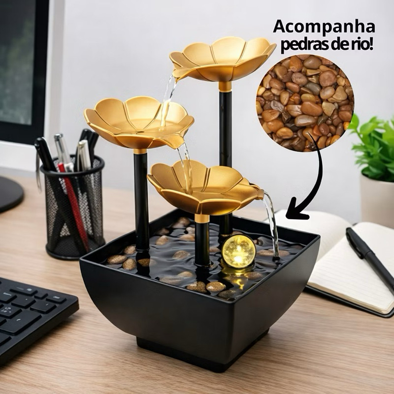 Fonte De Agua Cascata 3 quedas Flor Lotus Decoração Elegante