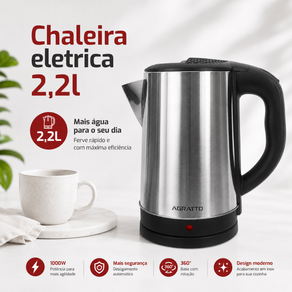 Chaleira Elétrica 2,2l Inox Jarra Elétrica Moderna Xaleira Ferve Água Rápido Caf