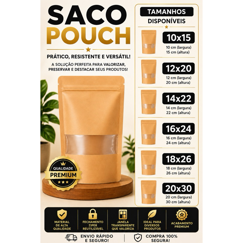 Saco Pouch Zip Kraft Com Visor Pacote Com 50